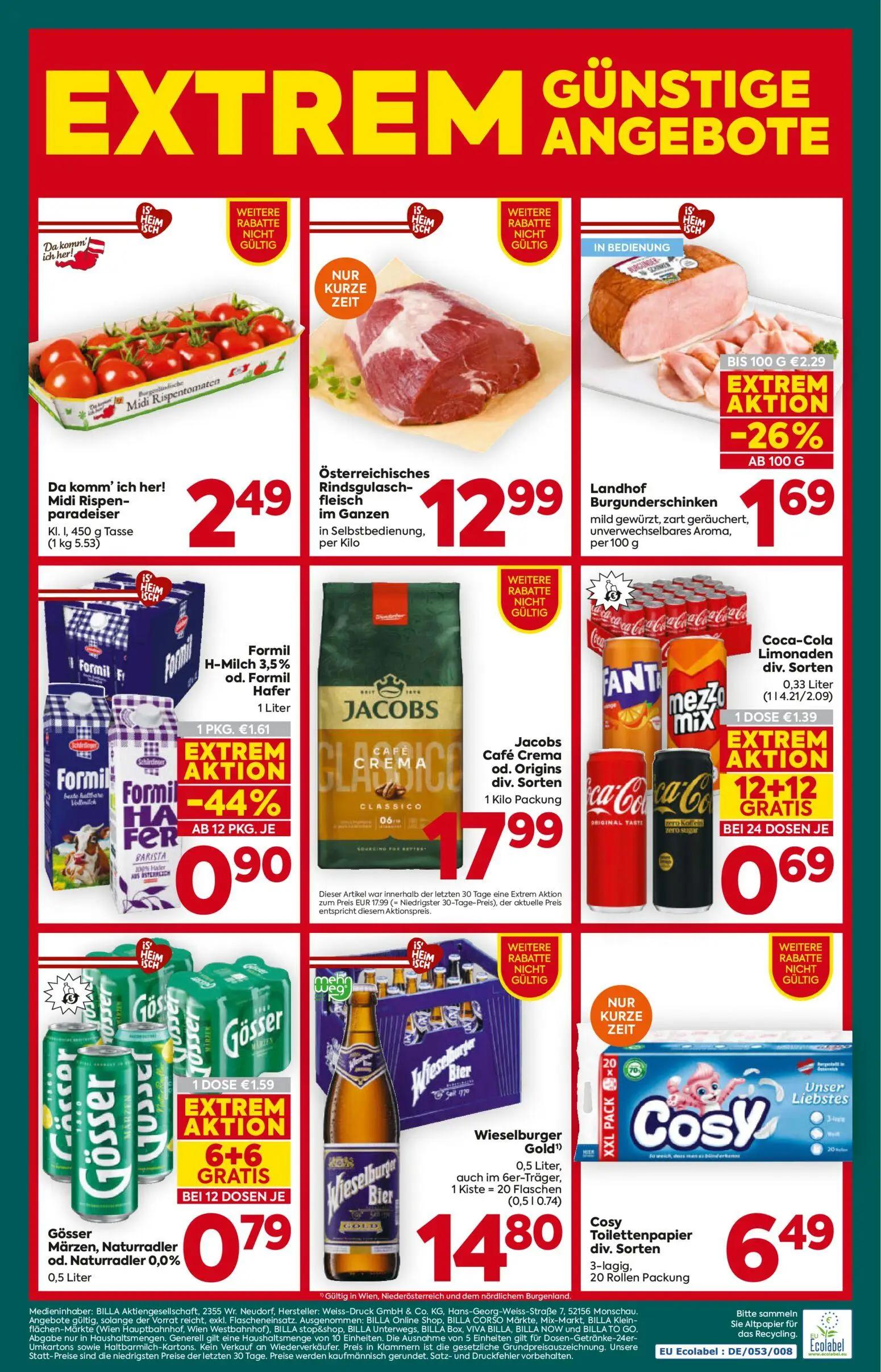 Billa Plus Prospekt, Seite 20 von 20 — Gösser Märzen, Naturradler od. Naturradler 0,0%, Formil H-Milch 3,5% od. Formil Hafer…