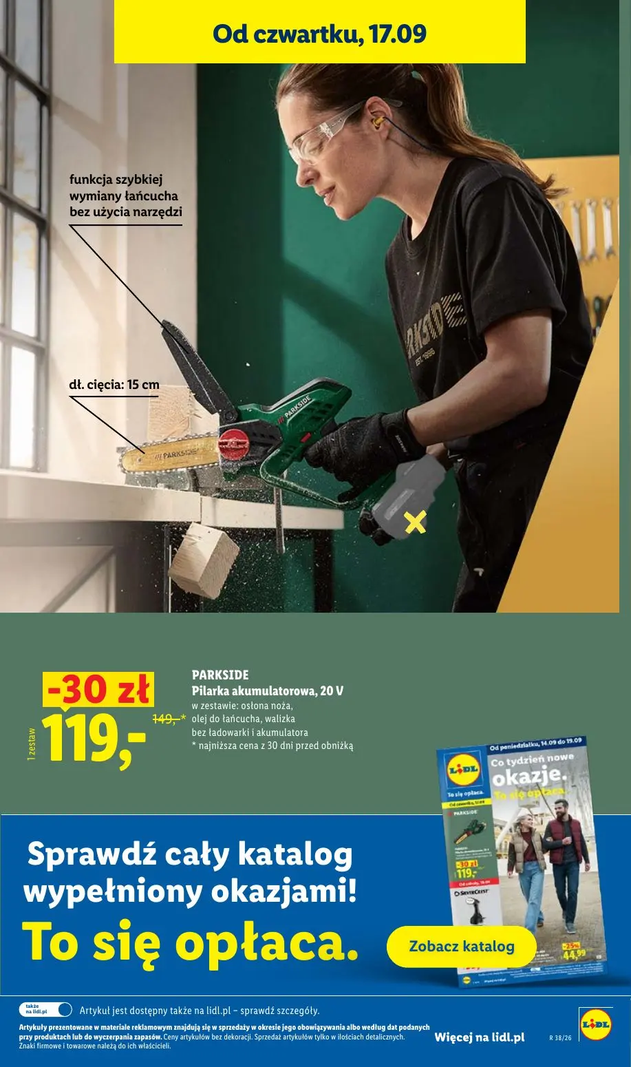 Lidl gazetka, strona 37 z 95 — PARKSIDE Pilarka akumulatorowa, 20 V w zestawie: osłona noża, olej do łańcucha, walizka bez ł…