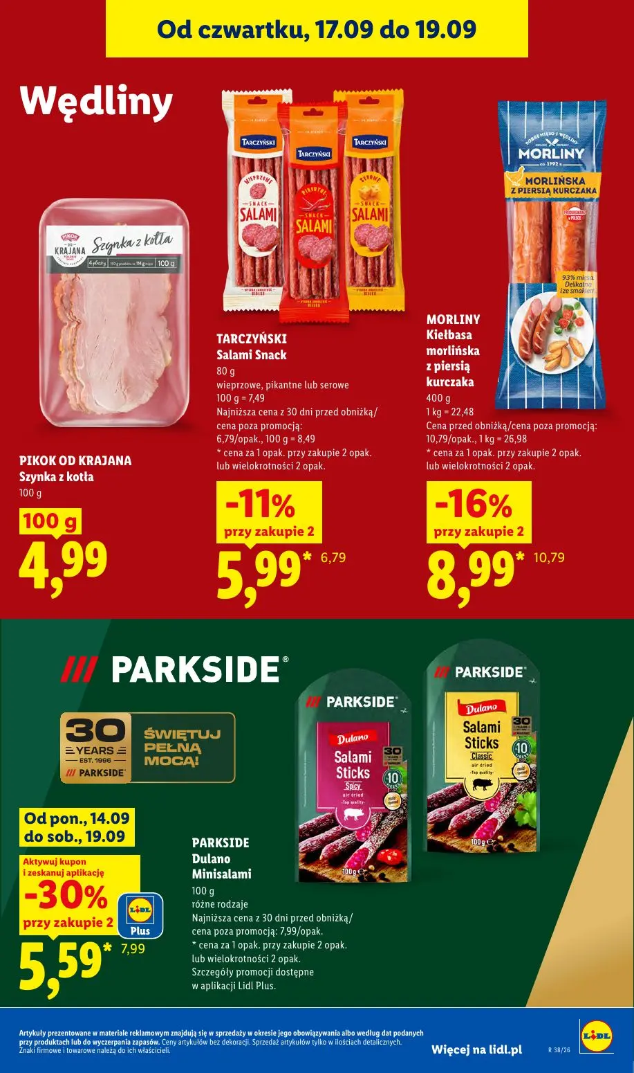 Lidl gazetka, strona 55 z 95 — PARKSIDE Dulano Minisalami, MORLINY Kiełbasa morlińska z piersią kurczaka, TARCZYŃSKI Salami …