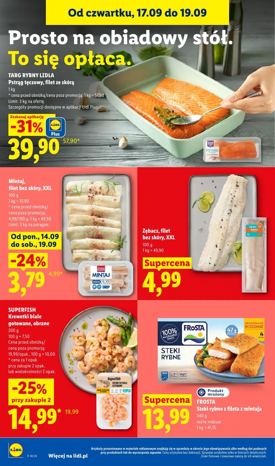 Lidl gazetka, strona 60 z 95 — Pstrąg tęczowy, filet ze skórą, SUPERFISH Krewetki białe gotowane, obrane, Mintaj, filet bez …