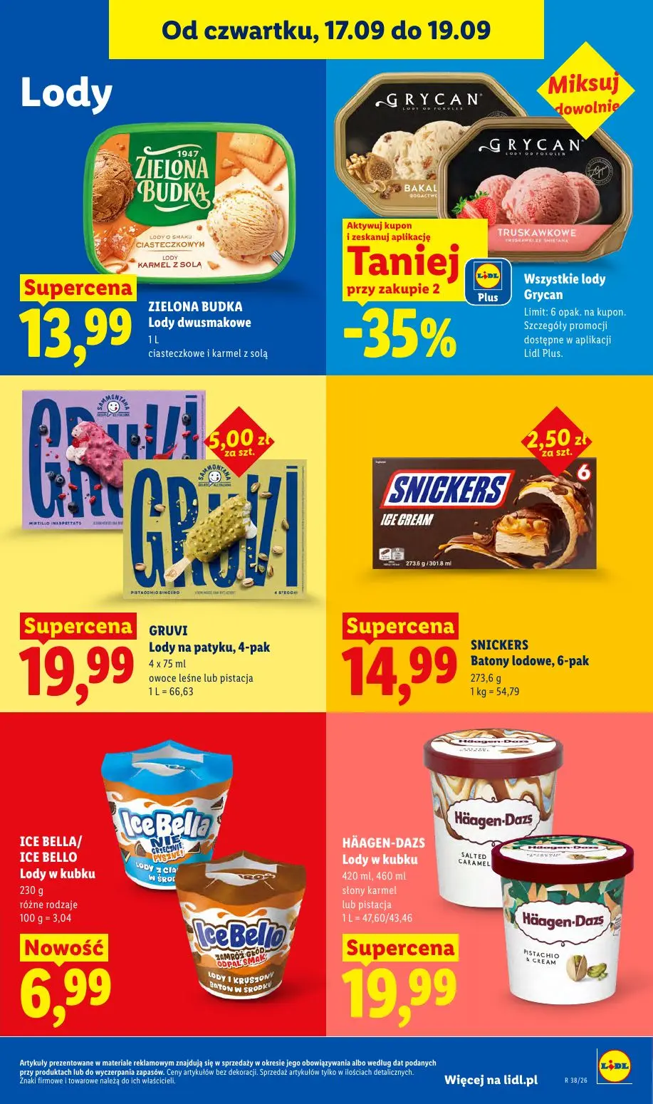 Lidl gazetka, strona 63 z 95 — ZIELONA BUDKA Lody dwusmakowe ciasteczkowe i karmel z solą, GRUVI Lody na patyku, 4-pak owoce…