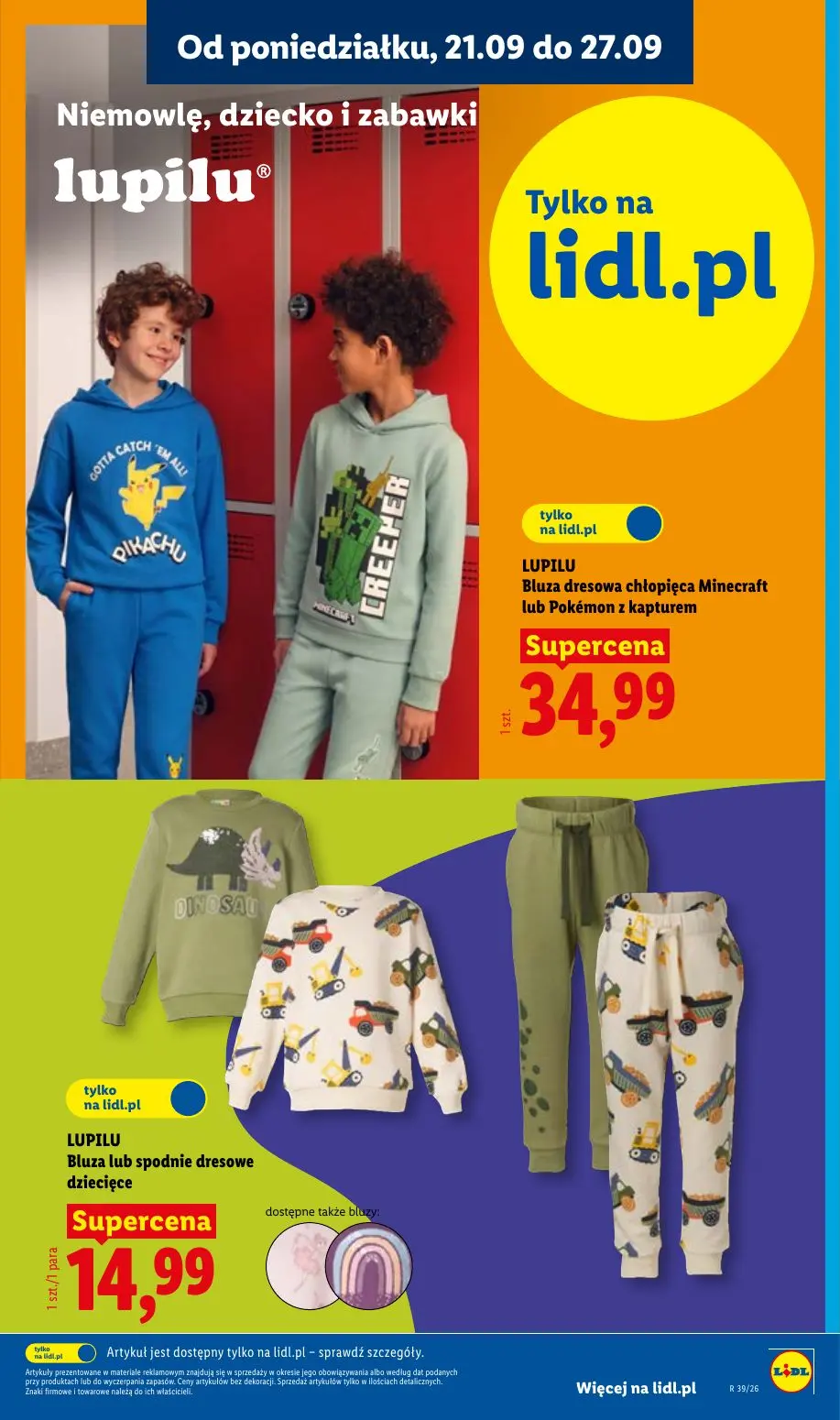 Lidl gazetka, strona 9 z 59 — LUPILU Bluza dresowa chłopięca Minecraft lub Pokémon z kapturem, LUPILU Bluza lub spodnie dres…