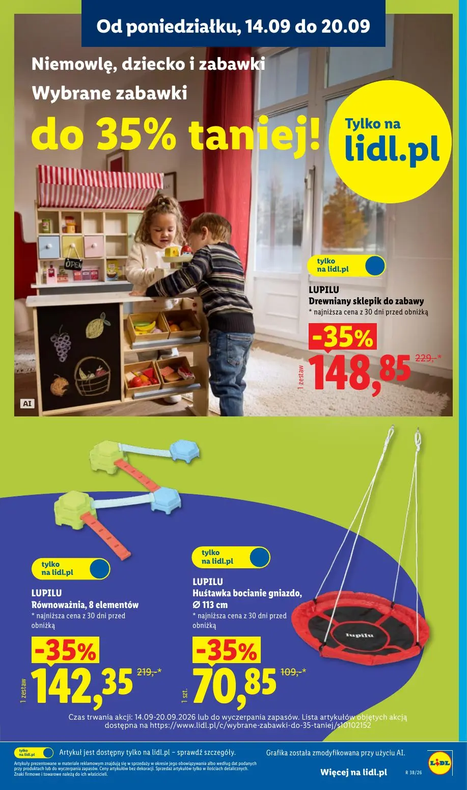 Lidl gazetka, strona 9 z 59 — LUPILU Drewniany sklepik do zabawy, LUPILU Równoważnia, 8 elementów, LUPILU Huśtawka bocianie …