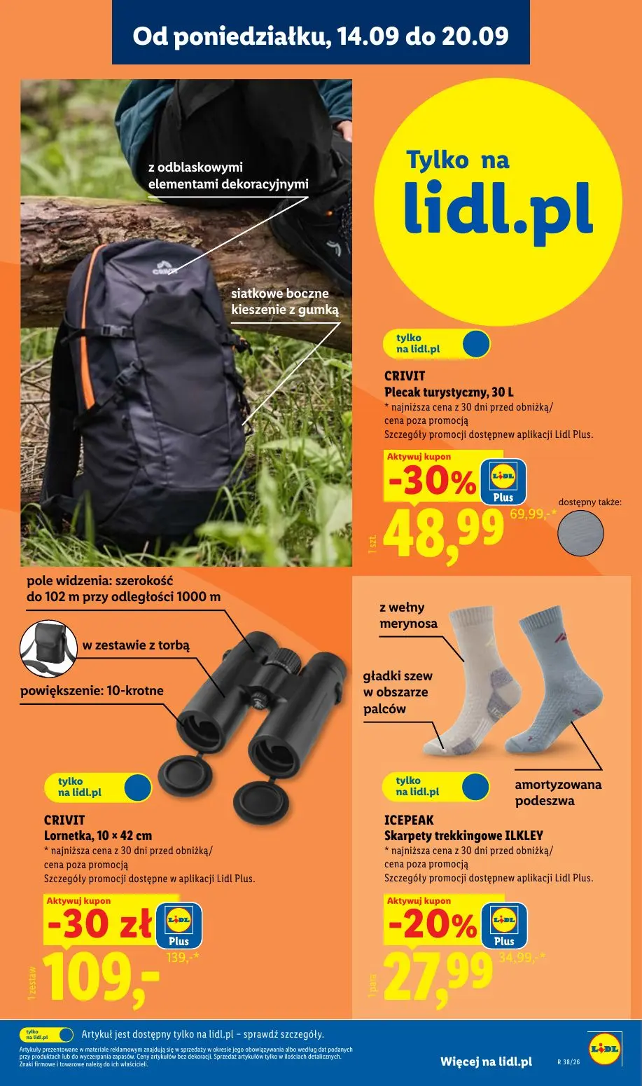 Lidl gazetka, strona 11 z 59 — Lornetka, 10 x 42 cm, Plecak turystyczny, 30 L, Skarpety trekkingowe ILKLEY