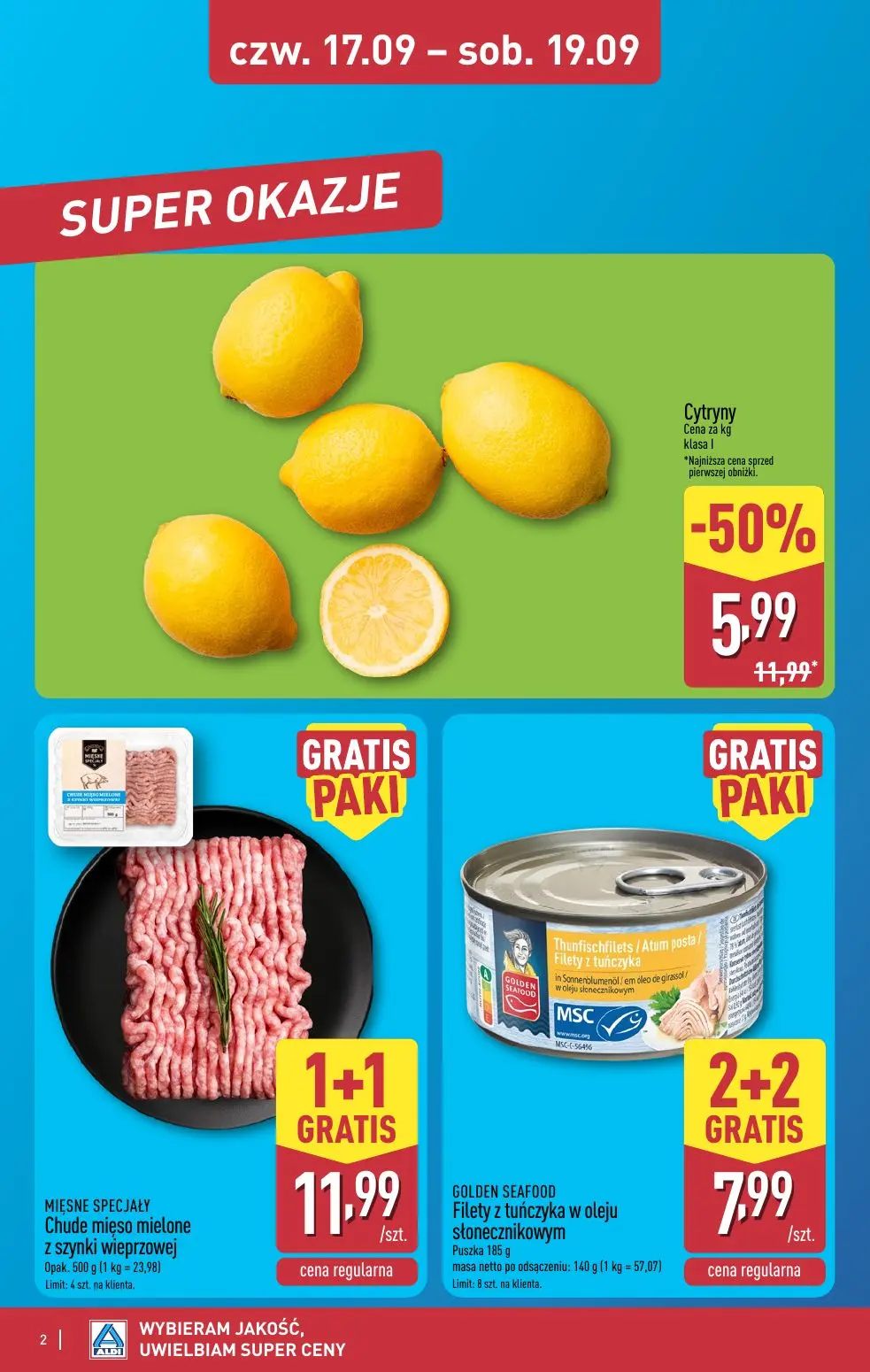 ALDI gazetka, strona 2 z 16 — Cytryny, MIĘSNE SPECJAŁY Chude mięso mielone z szynki wieprzowej, GOLDEN SEAFOOD Filety z tuńc…