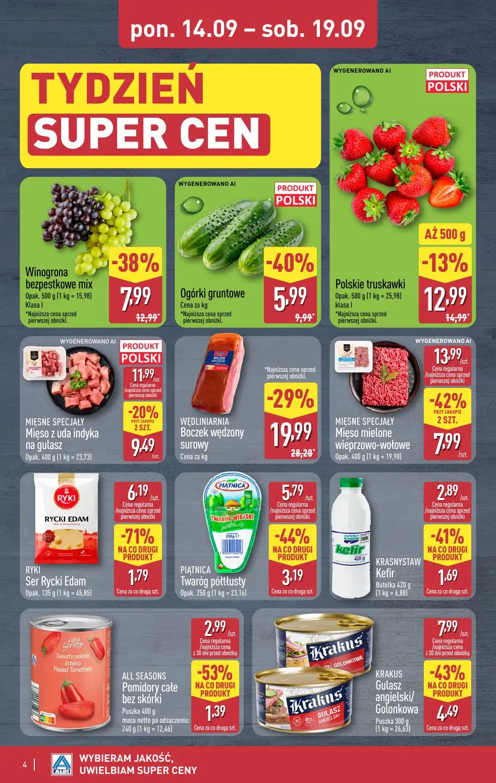 ALDI gazetka, strona 4 z 16 — WĘDLINIARNIA Boczek wędzony surowy, MIĘSNE SPECJAŁY Mięso mielone wieprzowo-wołowe, Winogrona …