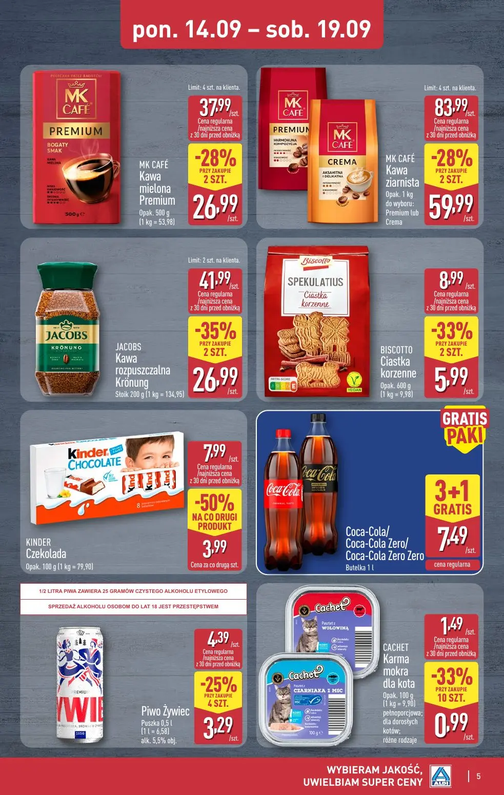 ALDI gazetka, strona 5 z 16 — MK CAFÉ Kawa ziarnista Premium lub Crema, JACOBS Kawa rozpuszczalna Krönung, MK CAFÉ Kawa miel…