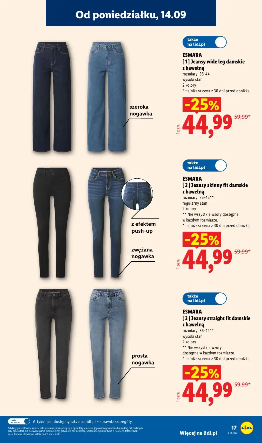 Lidl gazetka, strona 21 z 59 — [1] Jeansy wide leg damskie z bawełną, [2] Jeansy skinny fit damskie z bawełną, [3] Jeansy st…