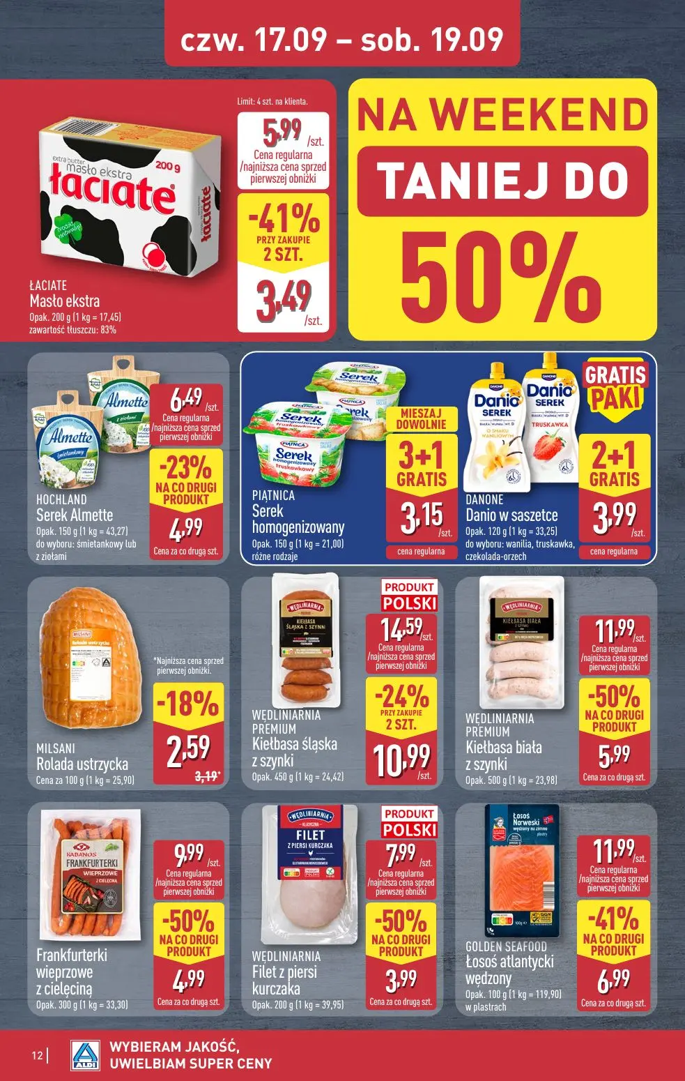 ALDI gazetka, strona 12 z 16 — WĘDLINIARNIA PREMIUM Kiełbasa biała z szynki, Frankfurterki wieprzowe z cielęciną, GOLDEN SEA…