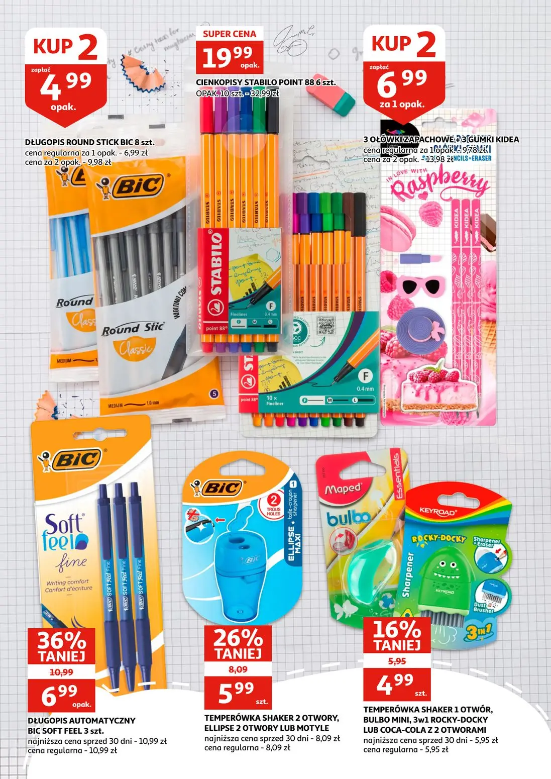 Auchan gazetka, strona 3 z 16 — DŁUGOPIS AUTOMATYCZNY BIC SOFT FEEL 3 szt., 3 OŁÓWKI ZAPACHOWE+3 GUMKI KIDEA, TEMPERÓWKA SHA…