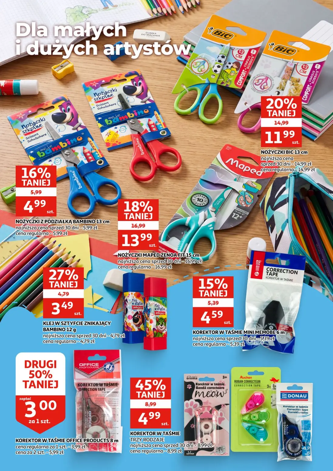 Auchan gazetka, strona 4 z 16 — KOREKTOR W TAŚMIE TRZY RODZAJE, NOŻYCZKI MAPED ZENOA FIT 15 cm, NOŻYCZKI BIC 13 cm
