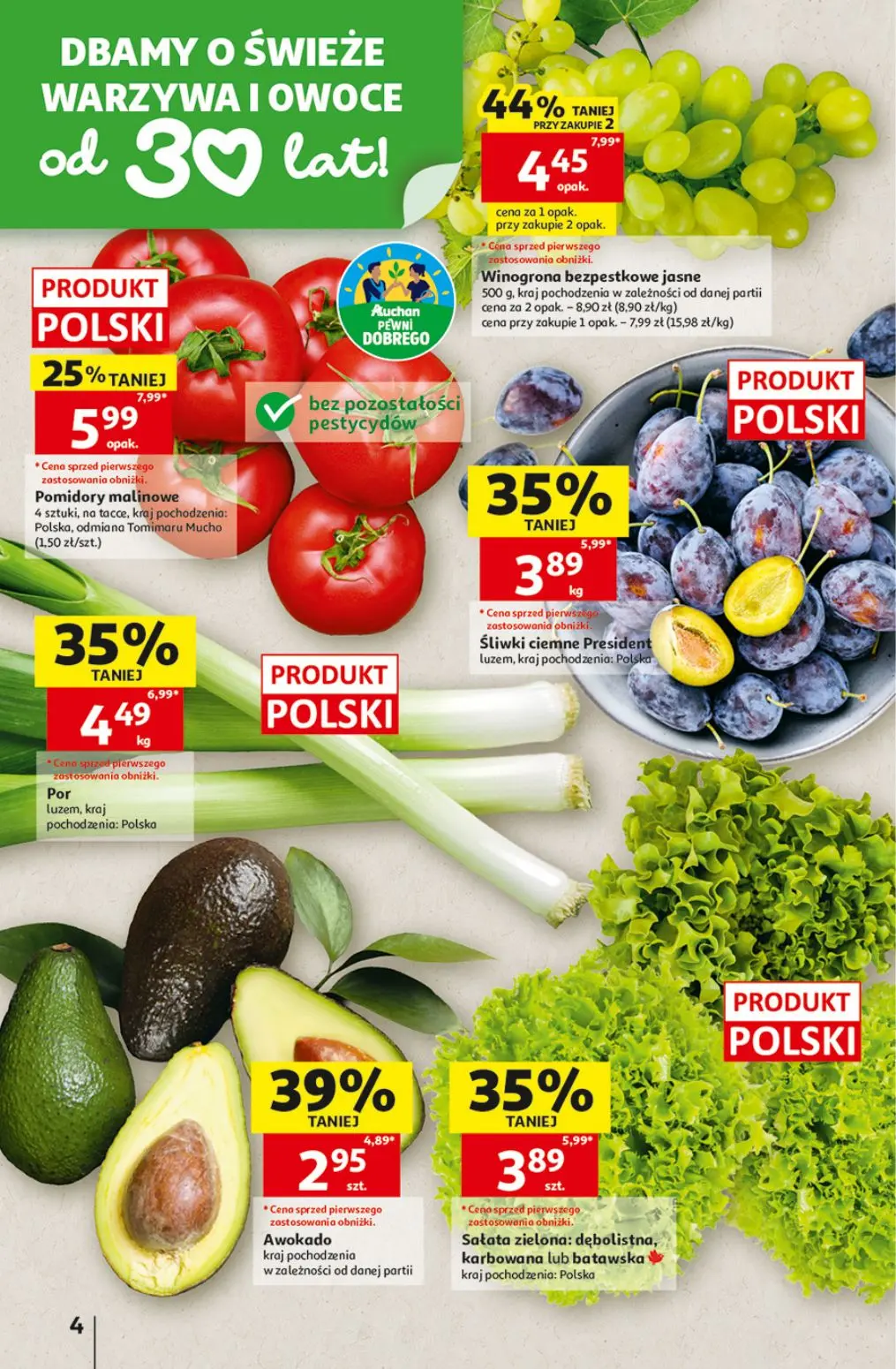 Auchan gazetka, strona 4 z 41 — Winogrona bezpestkowe jasne, Por, Śliwki ciemne President