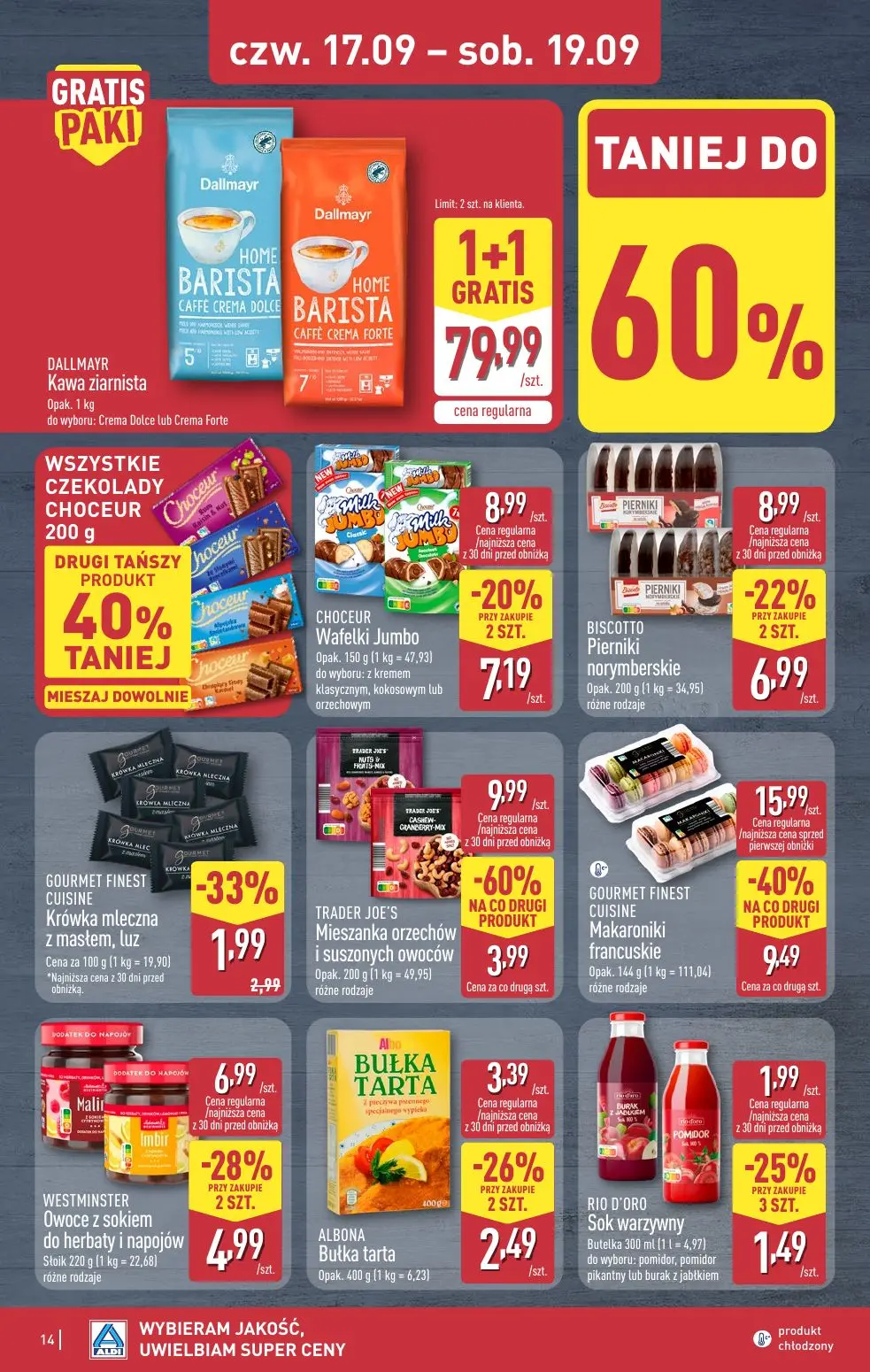 ALDI gazetka, strona 14 z 16 — GOURMET FINEST CUISINE Makaroniki francuskie, TRADER JOE'S Mieszanka orzechów i suszonych owo…