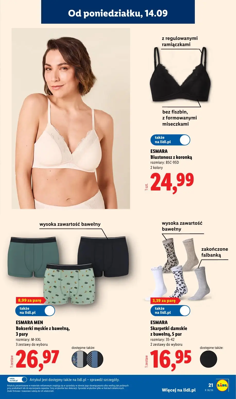 Lidl gazetka, strona 25 z 59 — ESMARA Biustonosz z koronką, ESMARA MEN Bokserki męskie z bawełną, ESMARA Skarpetki damskie z…