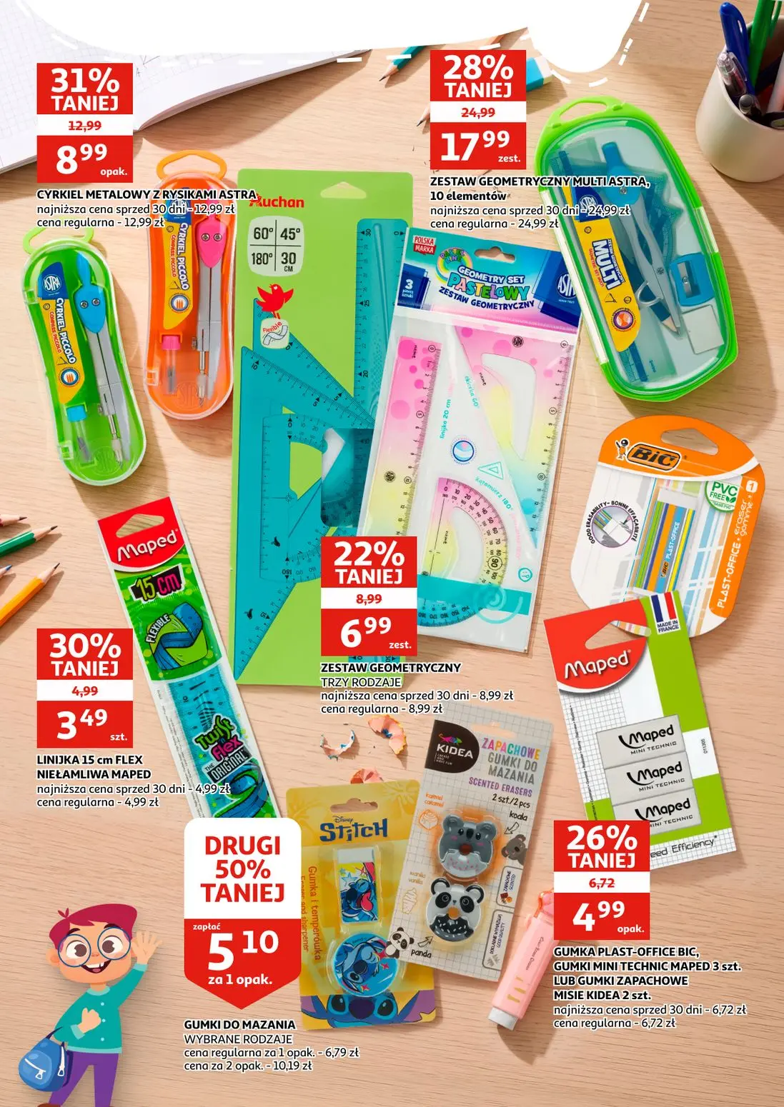 Auchan gazetka, strona 5 z 16 — ZESTAW GEOMETRYCZNY MULTIASTRA, 10 elementów, GUMKI DO MAZANIA WYBRANE RODZAJE, CYRKIEL META…