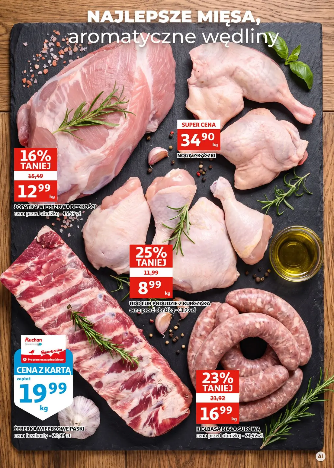 Auchan gazetka, strona 5 z 28 — KIEŁBASA BIAŁA SUROWA, UDO LUB PODUDZIE Z KURCZAKA, ŁOPATKA WIEPRZOWA BEZ KOŚCI