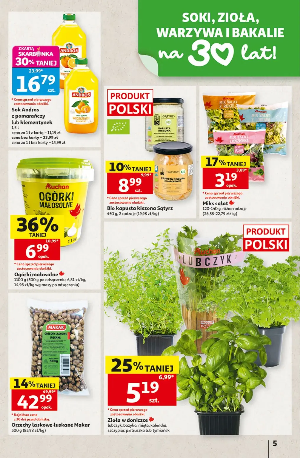 Auchan gazetka, strona 5 z 41 — Sok Andros z pomarańczy lub klementynek, Orzechy laskowe łuskane Makar, Ogórki małosolne