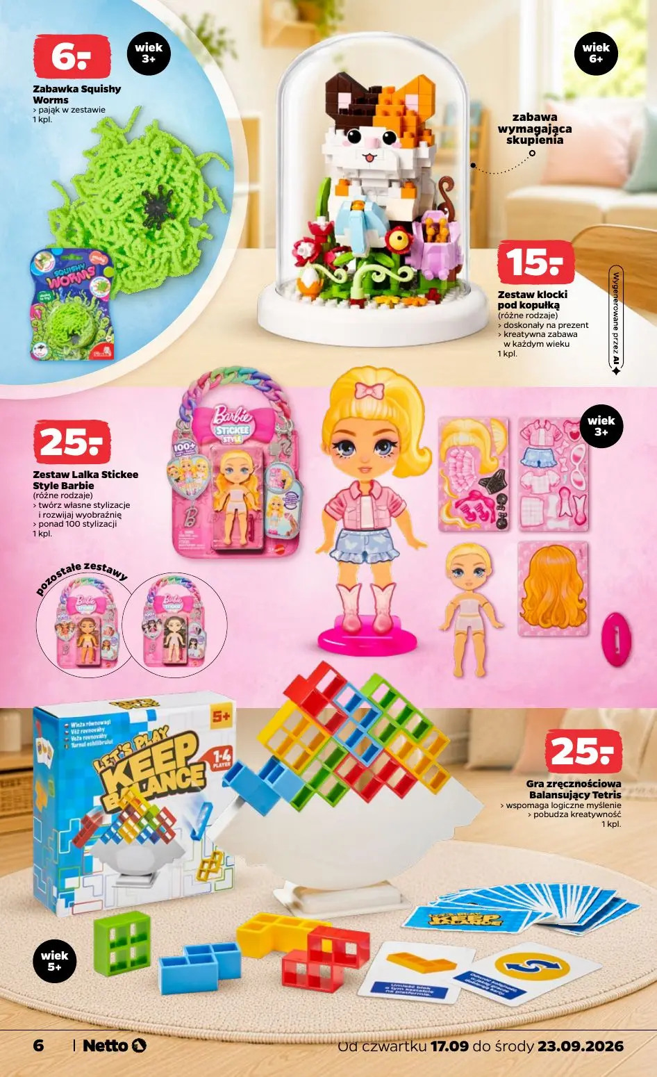 NETTO gazetka, strona 6 z 9 — Zabawka Squishy Worms, Zestaw klocki pod kopułką, Zestaw Lalka Stickee Style Barbie