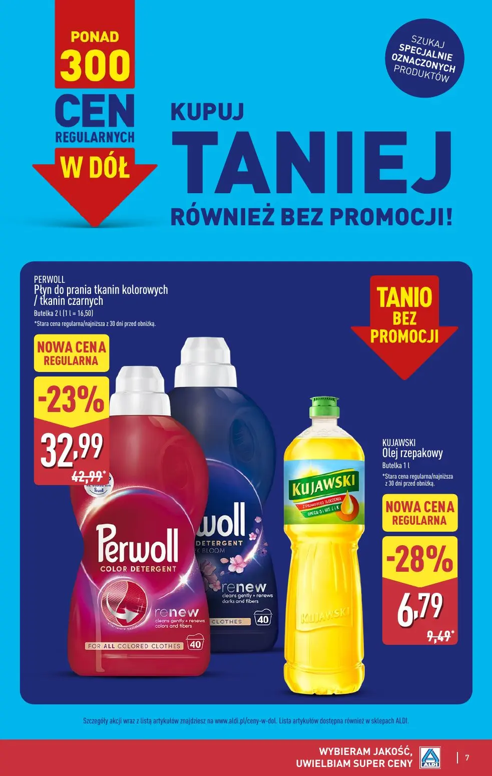 ALDI gazetka, strona 7 z 49 — PERWOLL Płyn do prania tkanin kolorowych / tkanin czarnych, KUJAWSKI Olej rzepakowy