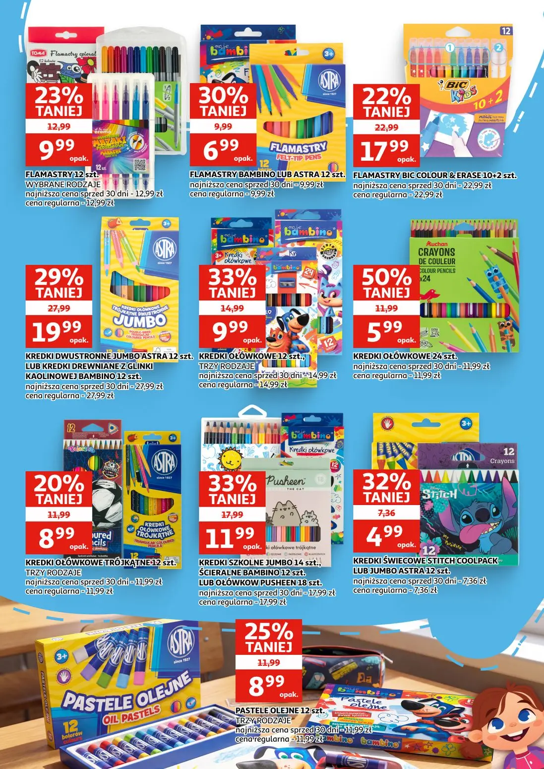 Auchan gazetka, strona 7 z 16 — KREDKI DWUSTRONNE JUMBO ASTRA, KREDKI OŁÓWKOWE, KREDKI SZKOLNE JUMBO