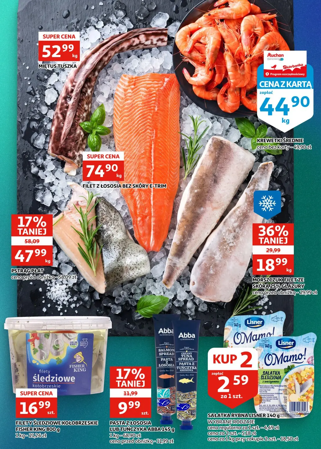 Auchan gazetka, strona 8 z 28 — MORSZCZUK FILET ZE SKÓRĄ 25% GLAZURY, PSTRĄG PŁAT, KREWETKI ŚREDNIE