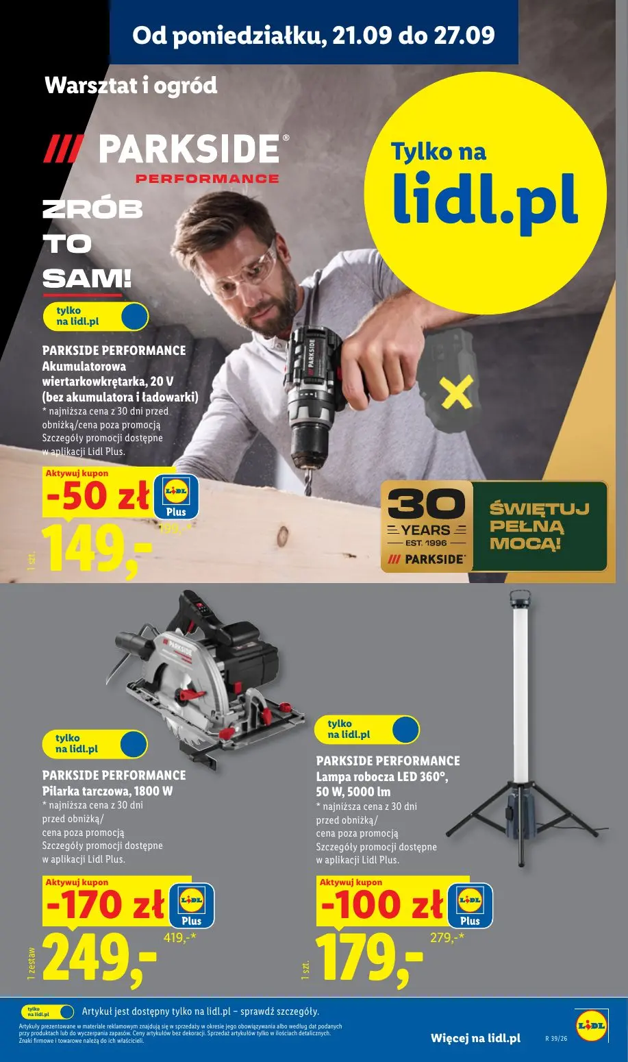 Lidl gazetka, strona 29 z 59 — PARKSIDE PERFORMANCE Pilarka tarczowa, 1800 W, PARKSIDE PERFORMANCE Lampa robocza LED 360°, 5…