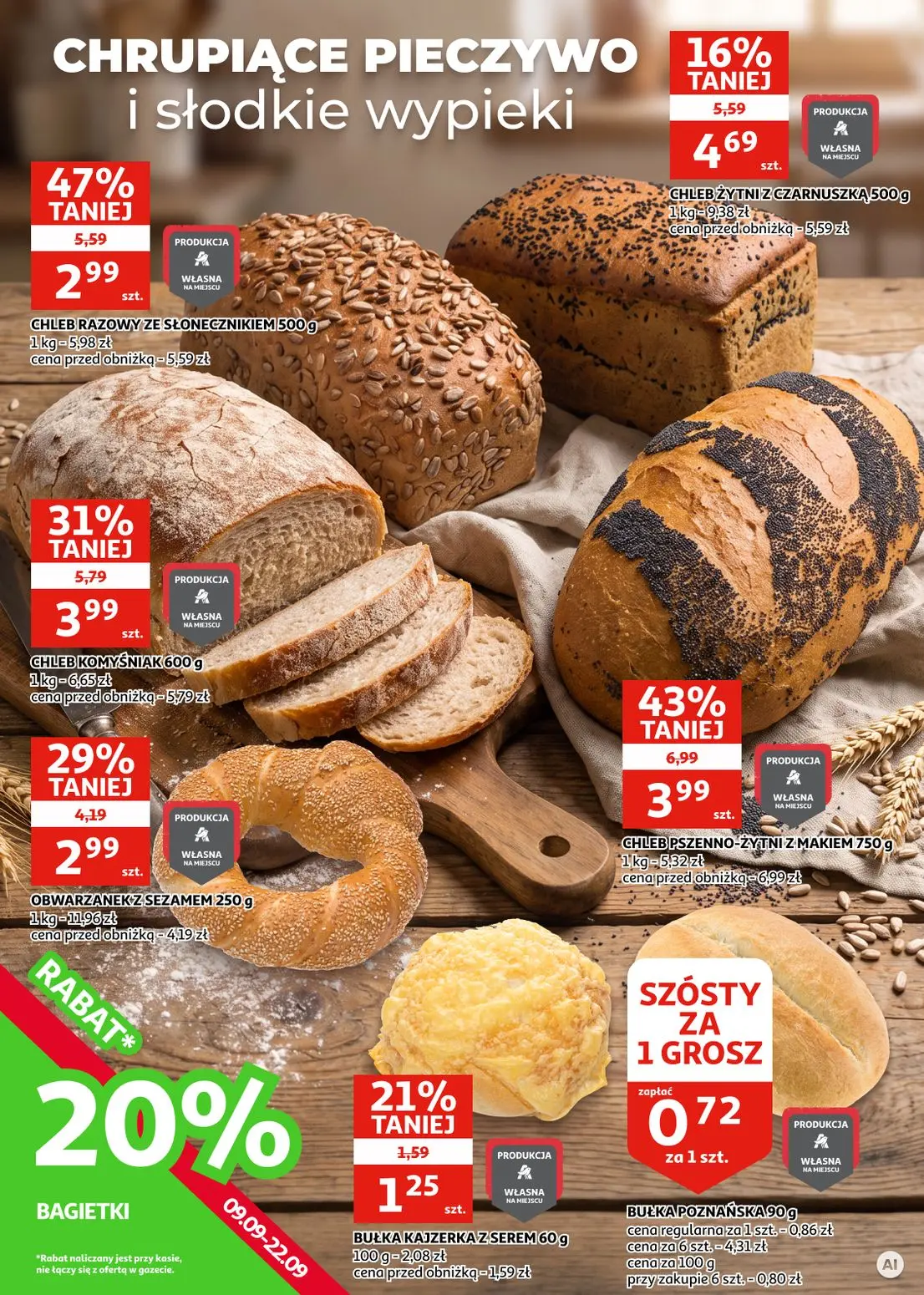 Auchan gazetka, strona 9 z 28 — CHLEB PSZENNO-ŻYTNI Z MAKIEM, CHLEB RAZOWY ZE SŁONECZNIKIEM, CHLEB KOMYŚNIAK