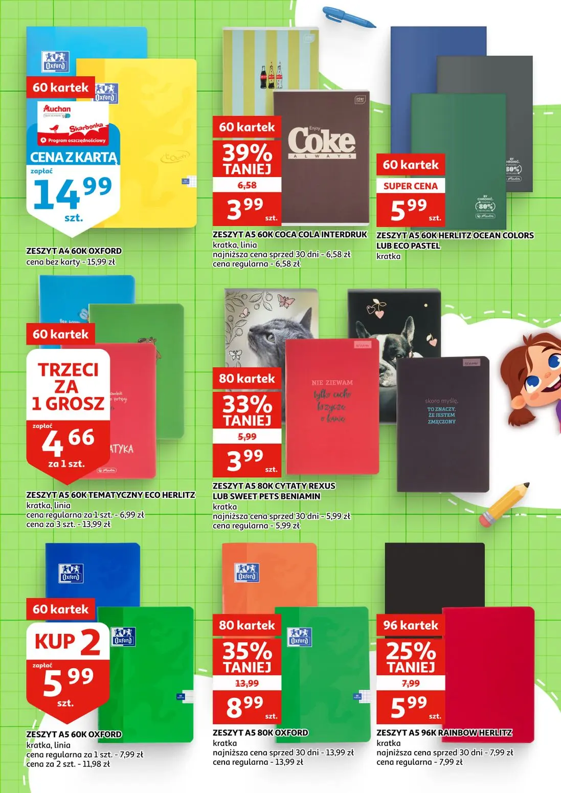 Auchan gazetka, strona 9 z 16 — ZESZYT A5 80K OXFORD, ZESZYT A5 60K COCA COLA INTERDRUK, ZESZYT A5 60K TEMATYCZNY ECO HERLITZ