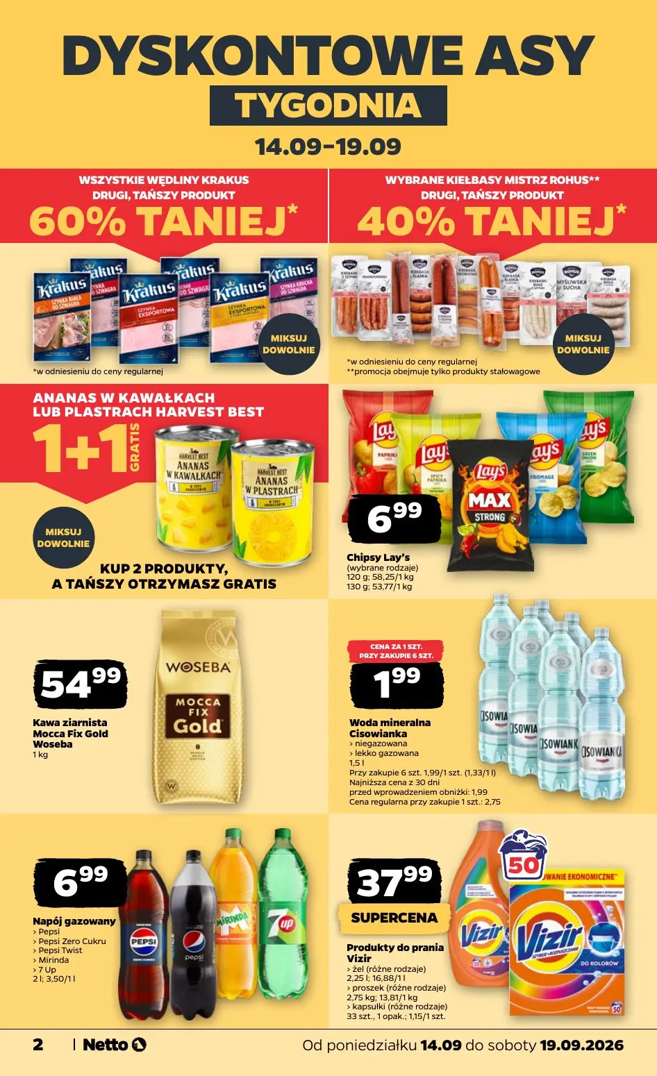 NETTO gazetka, strona 2 z 39 — Woda mineralna Cisowianka, Chipsy Lay's, Kawa ziarnista Mocca Fix Gold Woseba