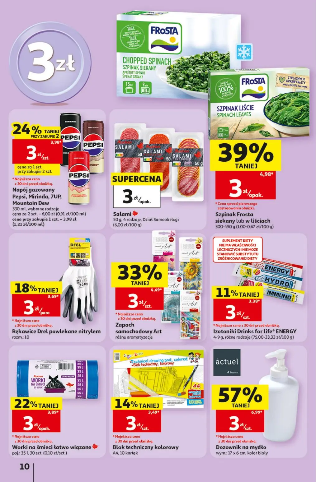 Auchan gazetka, strona 10 z 41 — Dozownik na mydło, Szpinak Frosta siekany lub w liściach, Zapach samochodowy Art