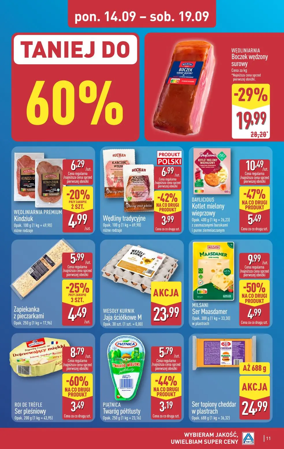 ALDI gazetka, strona 11 z 49 — Boczek wędzony surowy, Ser pleśniowy, Kotlet mielony wieprzowy