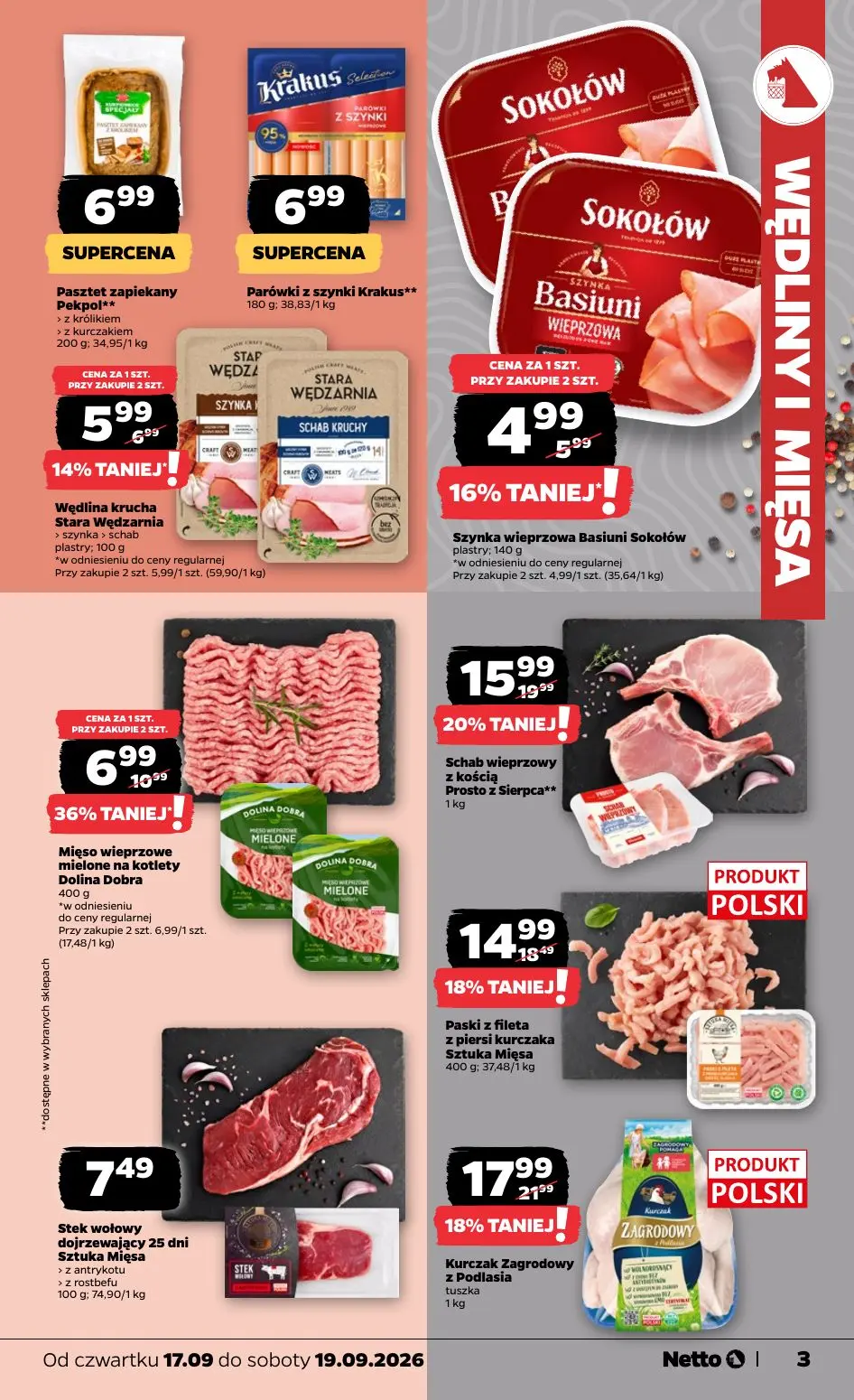 NETTO gazetka, strona 3 z 23 — Mięso wieprzowe mielone na kotlety Dolina Dobra, Schab wieprzowy z kością Prosto z Sierpca**,…