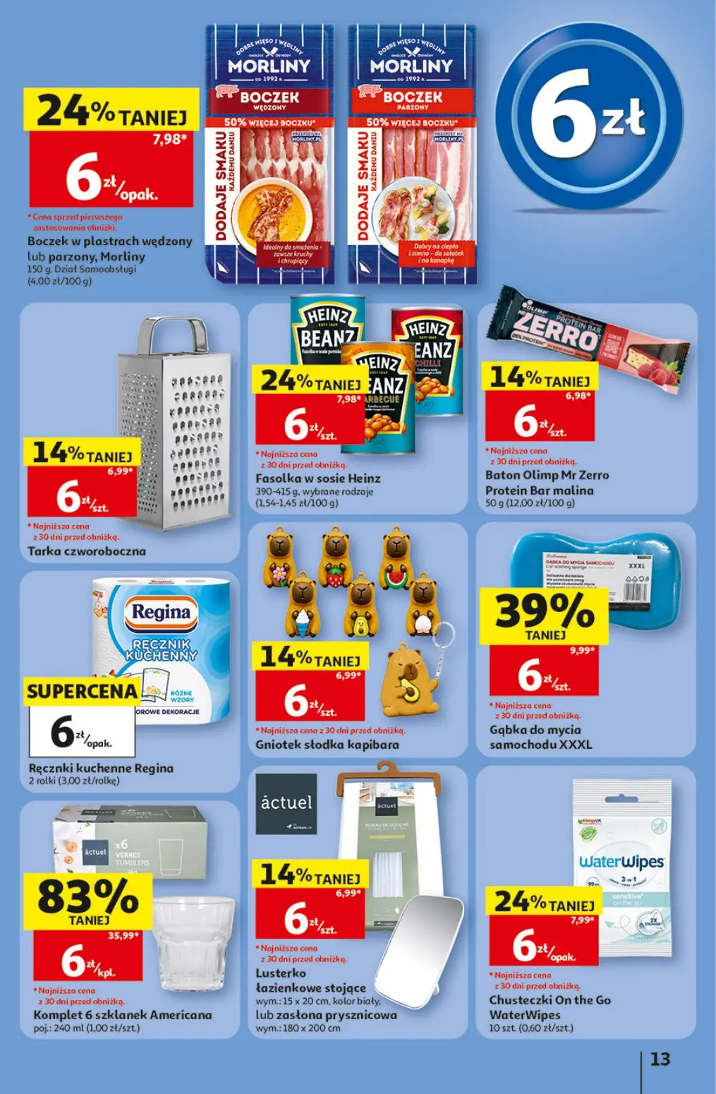 Auchan gazetka, strona 13 z 41 — Gąbka do mycia samochodu XXXL, Chusteczki On the Go WaterWipes, Boczek w plastrach wędzony …