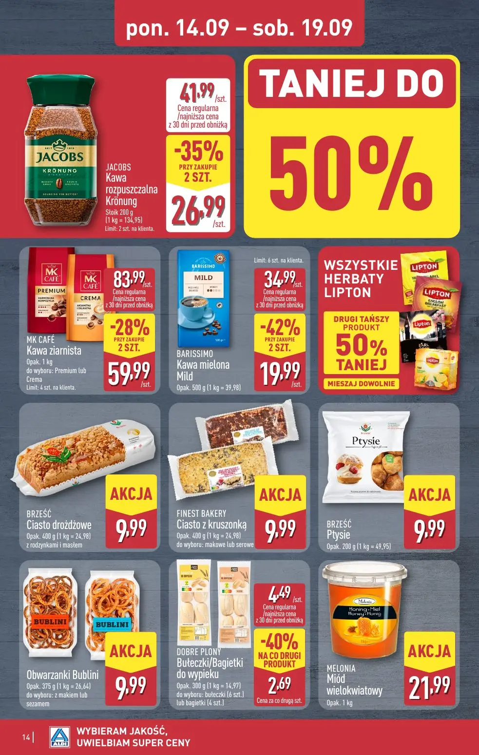 ALDI gazetka, strona 14 z 49 — MK CAFÉ Kawa ziarnista do wyboru: Premium lub Crema, JACOBS Kawa rozpuszczalna Krönung, BARIS…