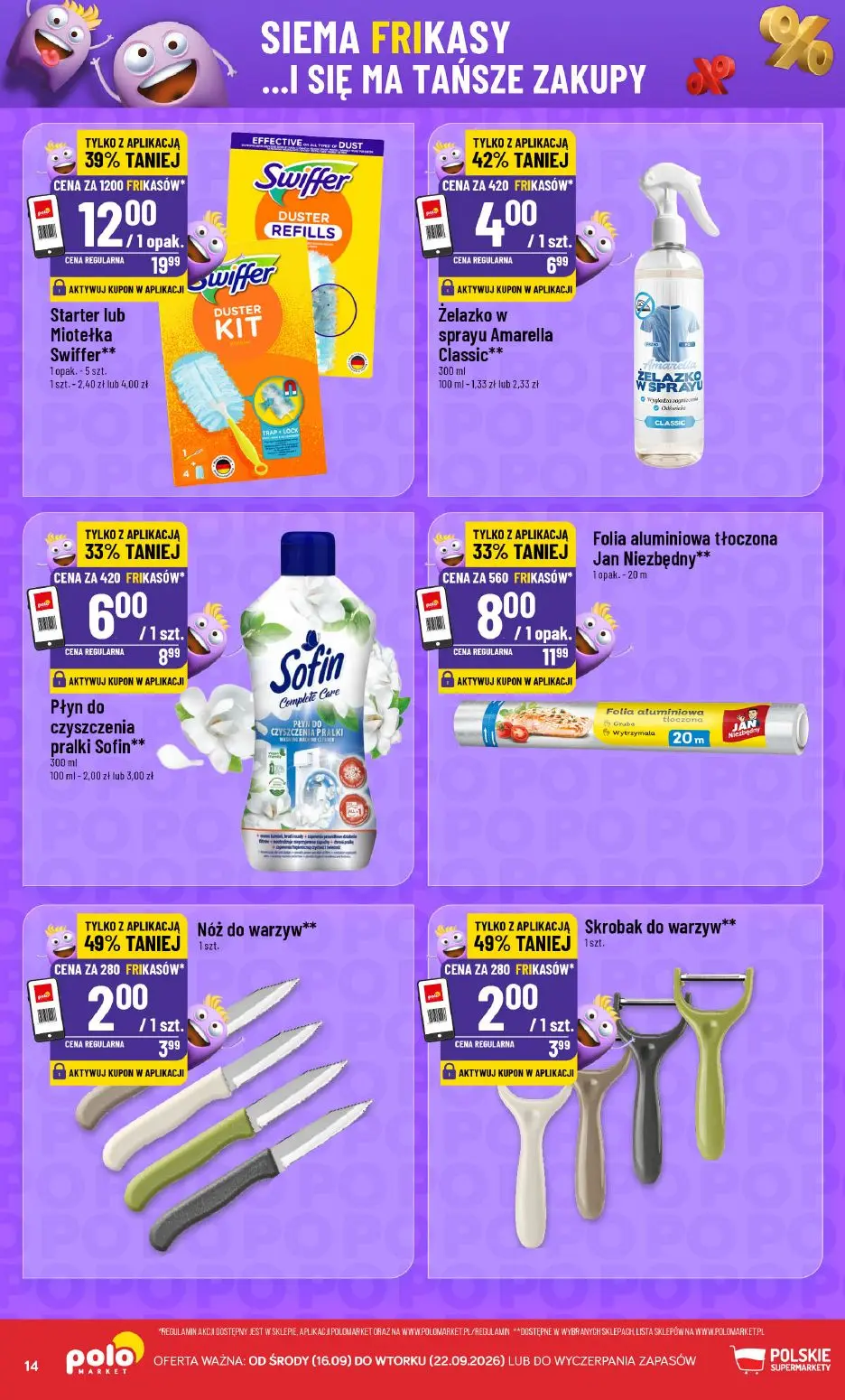 POLOmarket gazetka, strona 14 z 16 — Starter lub Miotełka Swiffer, Folia aluminiowa tłoczona Jan Niezbędny, Żelazko w sprayu…