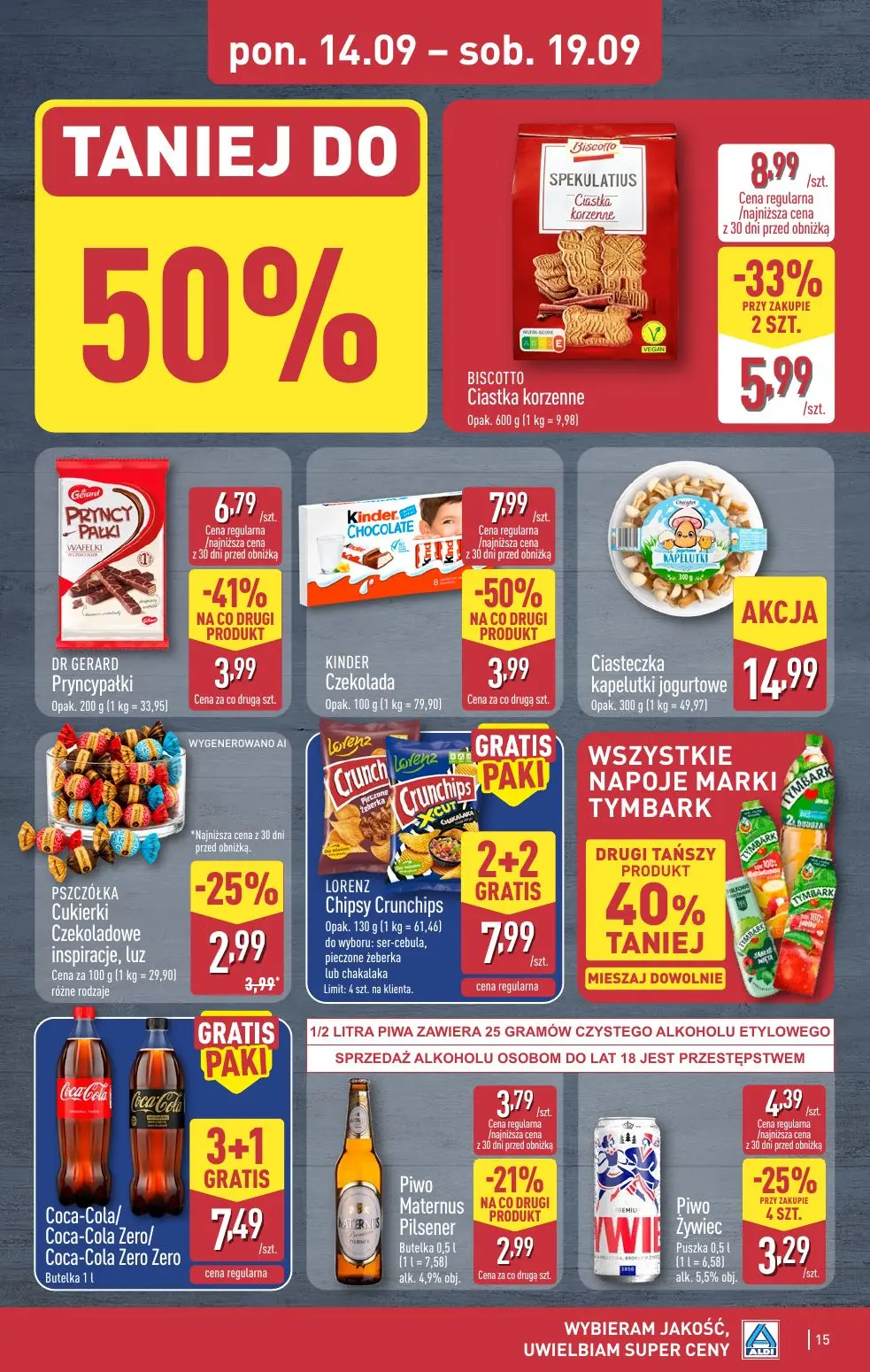 ALDI gazetka, strona 15 z 49 — KINDER Czekolada, BISCOTTO Ciastka korzenne, DR GERARD Pryncypałki