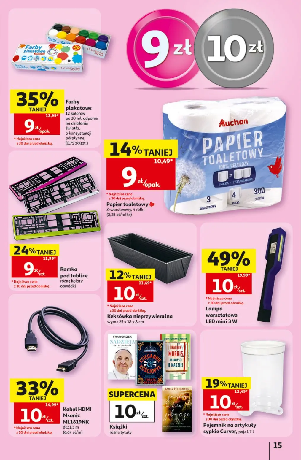 Auchan gazetka, strona 15 z 41 — Lampa warsztatowa LED mini 3 W, Farby plakatowe, Kabel HDMI Msonic ML1819NK