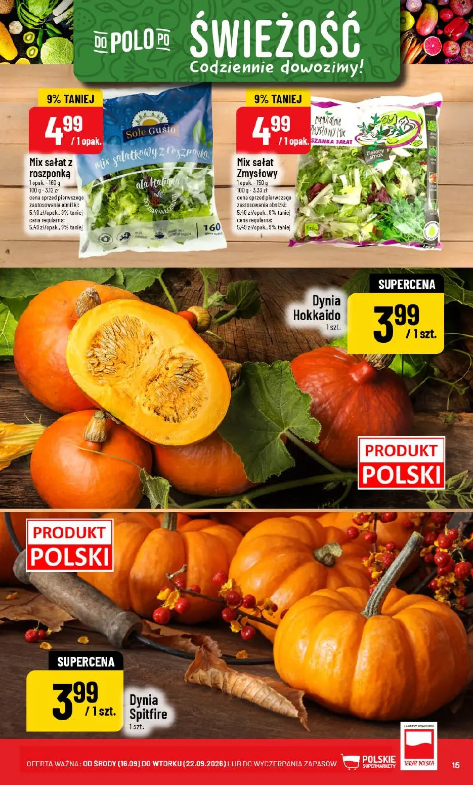 POLOmarket gazetka, strona 15 z 72 — Mix sałat z roszponką, Mix sałat Zmysłowy, Dynia Hokkaido