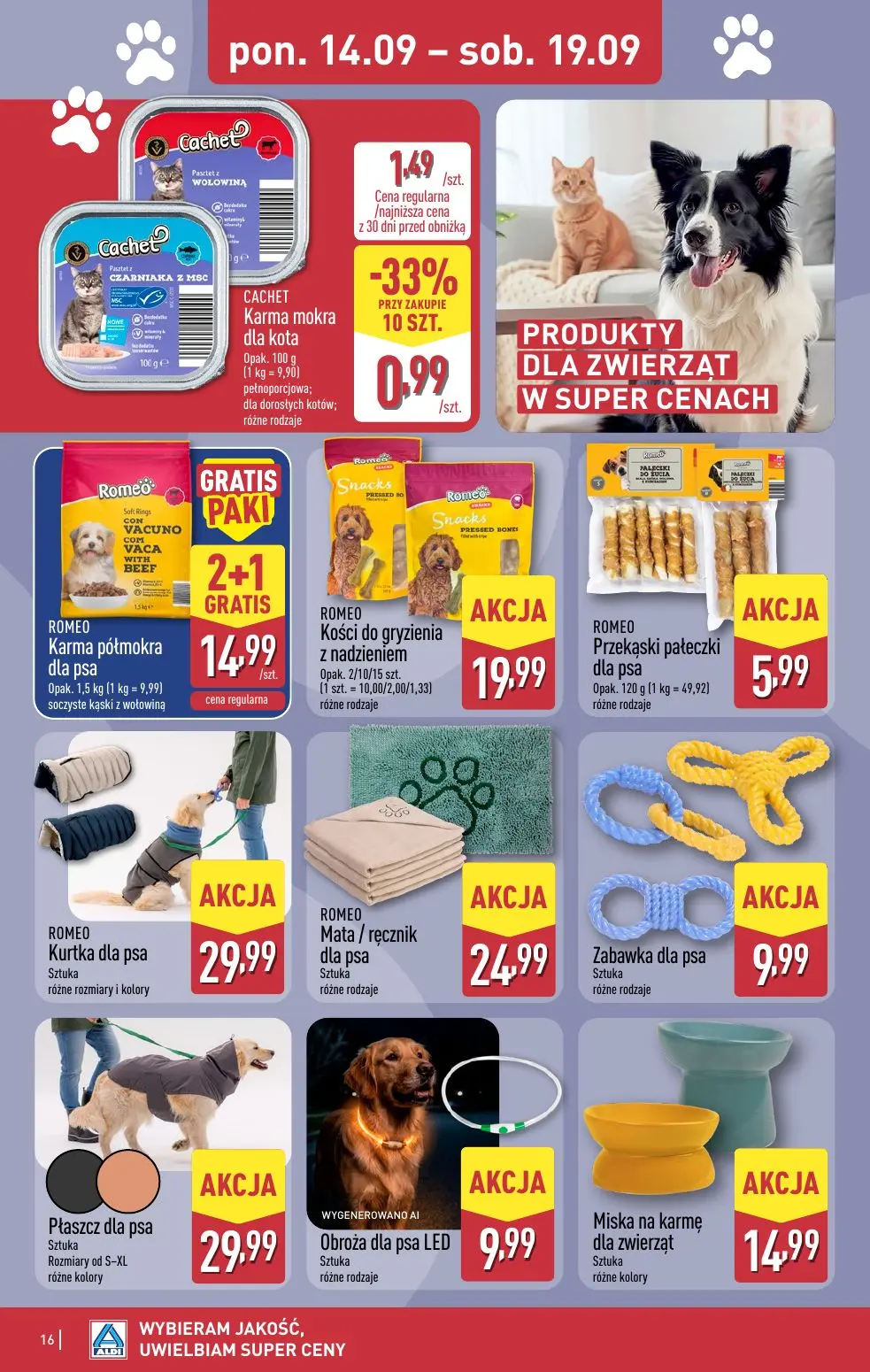 ALDI gazetka, strona 16 z 49 — CACHET Karma mokra dla kota, ROMEO Karma półmokra dla psa, ROMEO Kości do gryzienia z nadzien…