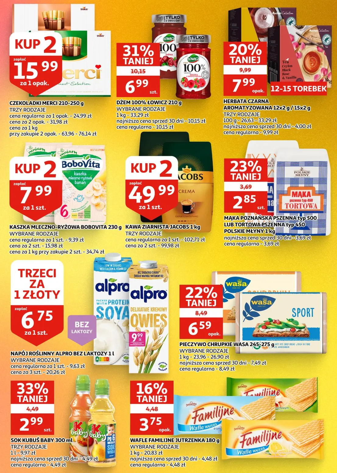 Auchan gazetka, strona 16 z 28 — KAWA ZIARNISTA JACOBS 1 kg, CZEKOLADKI MERCI 210-250 g, DŻEM 100% ŁOWICZ 210 g