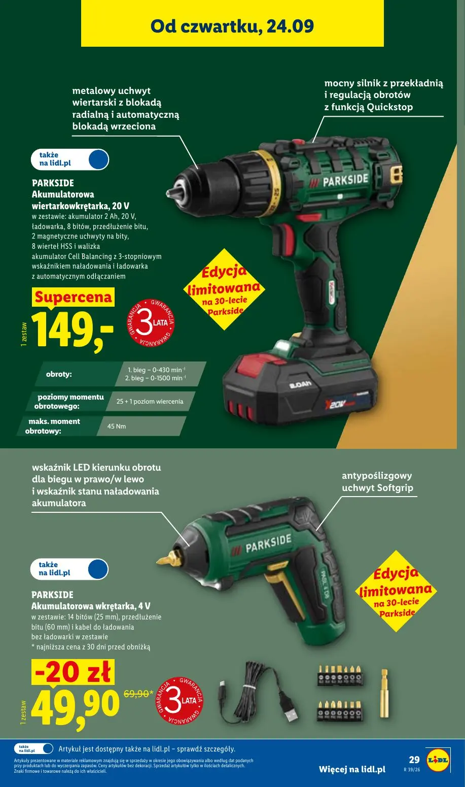 Lidl gazetka, strona 37 z 59 — PARKSIDE Akumulatorowa wkrętarka, 4 V, PARKSIDE Akumulatorowa wiertarkowkrętarka, 20 V