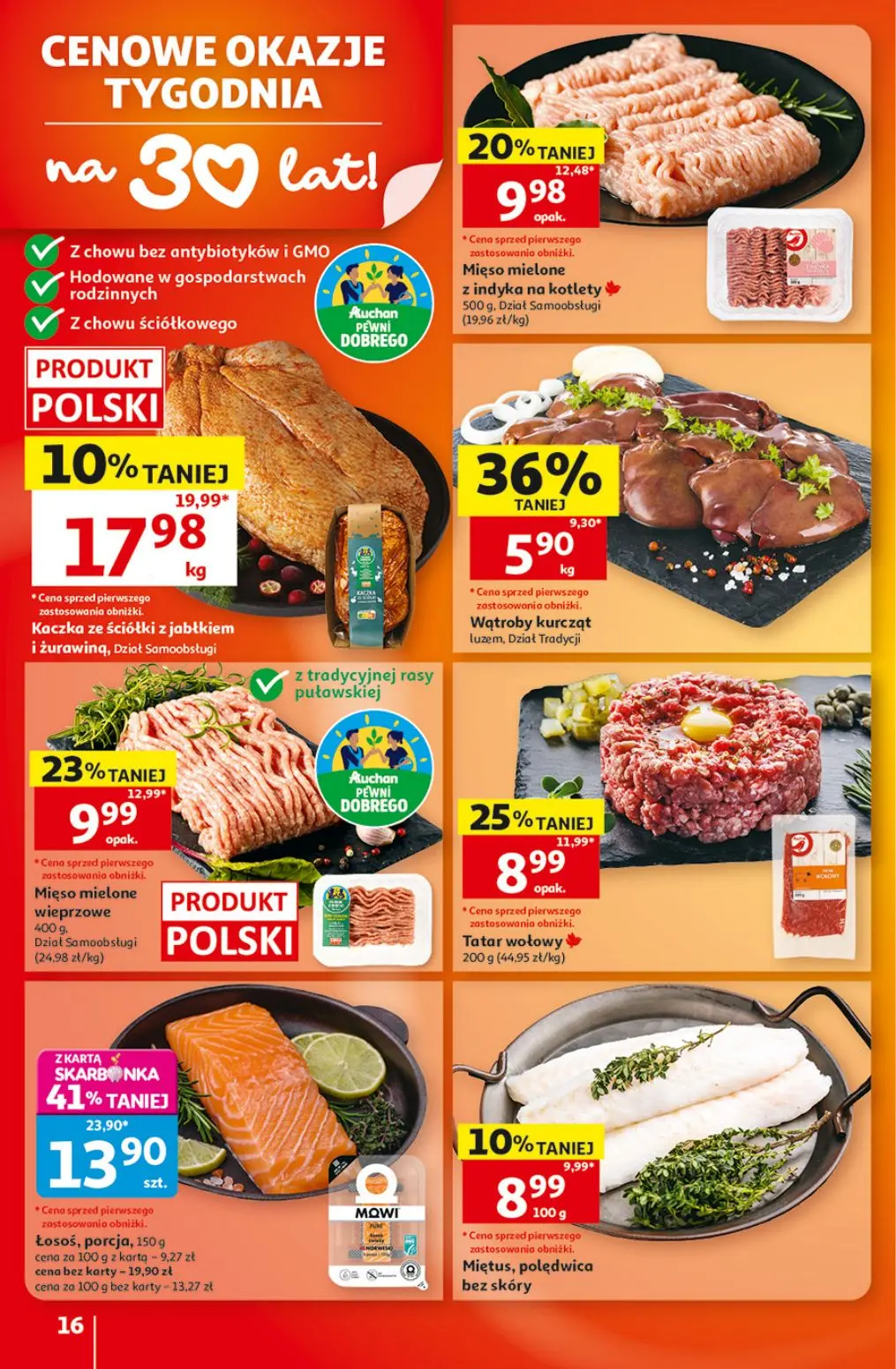 Auchan gazetka, strona 16 z 41 — Łosoś, porcja, Wątroby kurcząt luzem, Mięso mielone wieprzowe