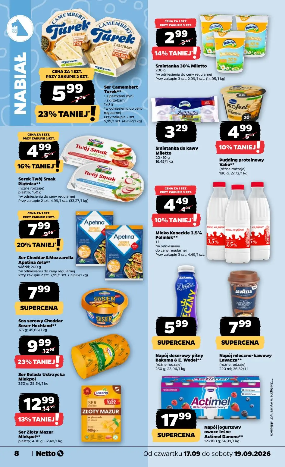 NETTO gazetka, strona 8 z 23 — Ser Rolada Ustrzycka Mlekpol, Ser Cheddar & Mozzarella Apetina Arla**, Ser Camembert Turek**