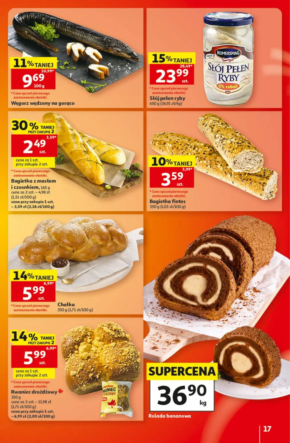 Auchan gazetka, strona 17 z 41 — Słój pełen ryby, Węgorz wędzony na gorąco, Bagietka z masłem i czosnkiem