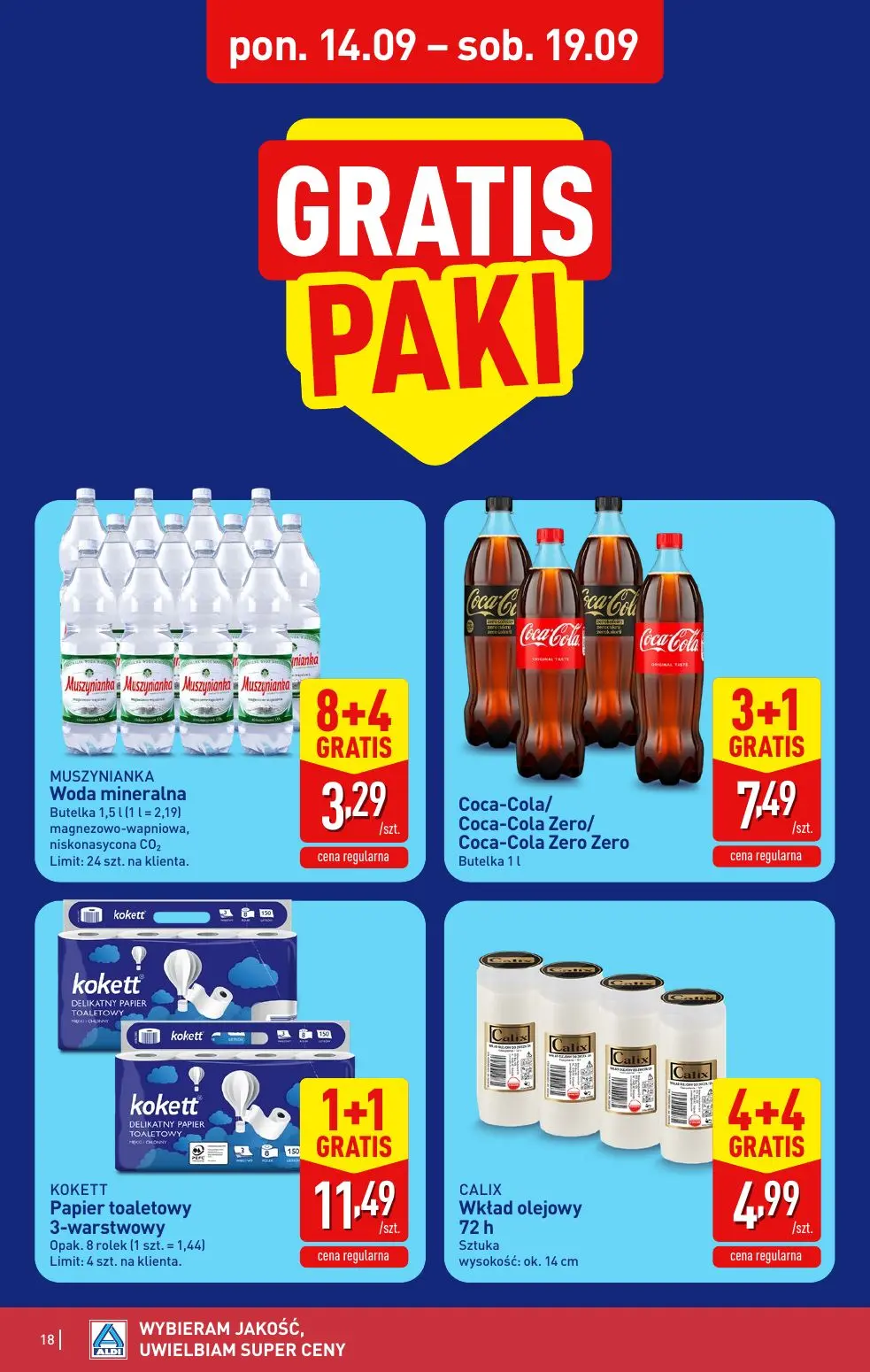 ALDI gazetka, strona 18 z 49 — MUSZYNIANKA Woda mineralna, Coca-Cola/ Coca-Cola Zero/ Coca-Cola Zero Zero, KOKETT Papier toa…