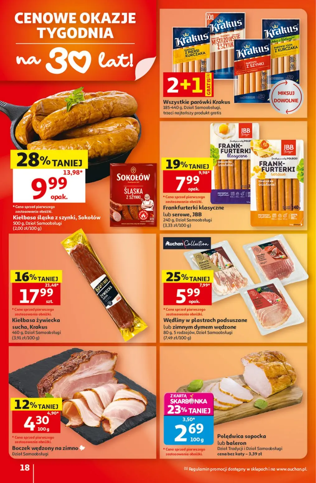 Auchan gazetka, strona 18 z 41 — Kiełbasa śląska z szynki, Sokołów, Kiełbasa żywiecka sucha, Krakus, Wędliny w plastrach pod…