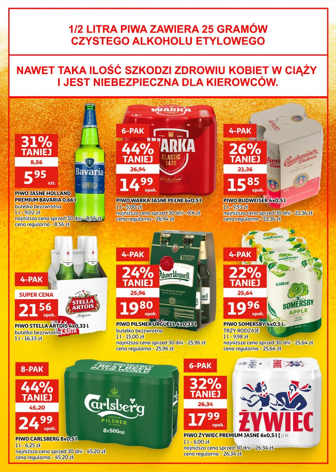 Auchan gazetka, strona 19 z 28 — PIWO CARLSBERG 8x0,5 L, PIWO WARKA JASNE PEŁNE 6x0,5 l, PIWO ŻYWIEC PREMIUM JASNE 6x0,5 I