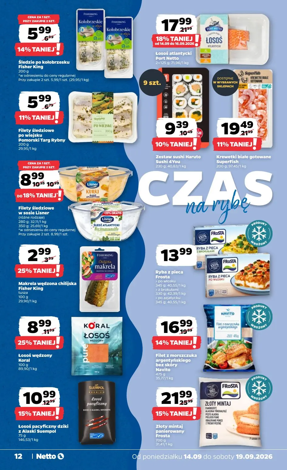 NETTO gazetka, strona 12 z 39 — Łosoś atlantycki Port Netto, Złoty mintaj panierowany Frosta, Łosoś wędzony Koral