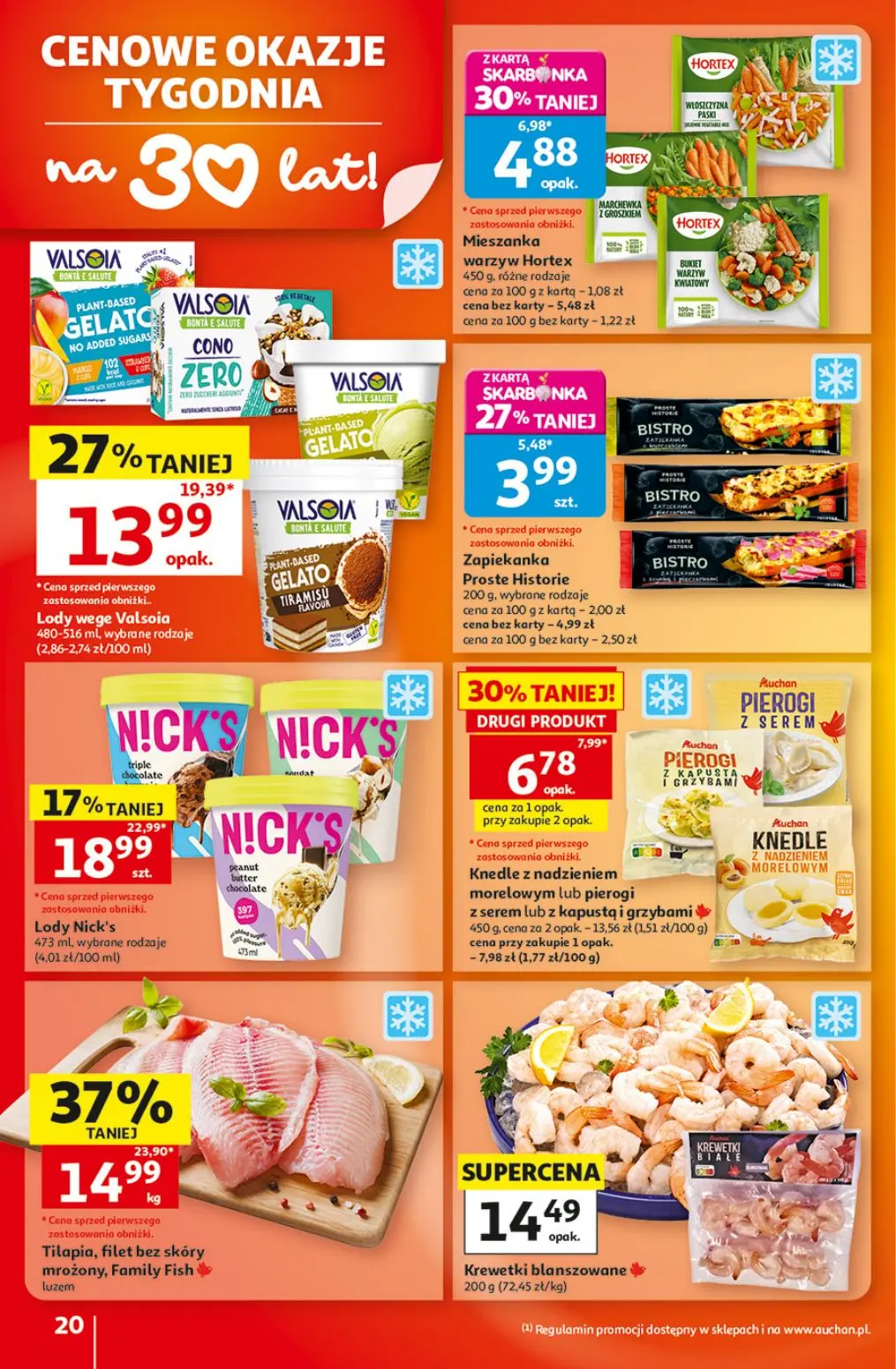 Auchan gazetka, strona 20 z 41 — Tilapia, filet bez skóry mrożony, Family Fish, Lody wege Valsoia, Lody Nick's