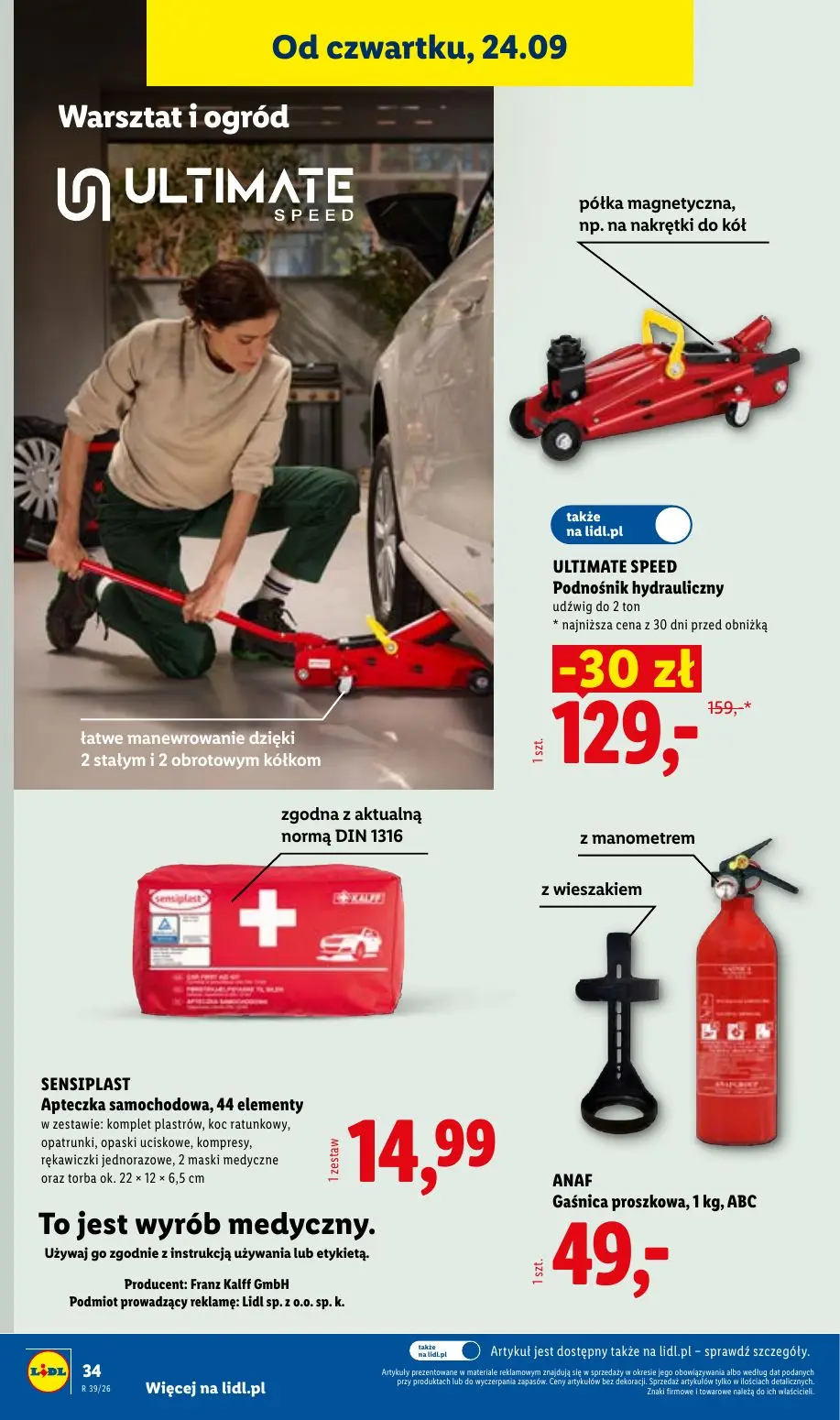 Lidl gazetka, strona 42 z 59 — ULTIMATE SPEED Podnośnik hydrauliczny, SENSIPLAST Apteczka samochodowa, 44 elementy, ANAF Gaś…